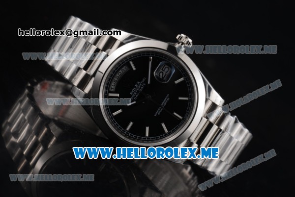 Rolex Day-Date Clone Rolex 3255 Automatic Stainless Steel Case/Bracelet with Black Dial and White Stick Markers - Click Image to Close